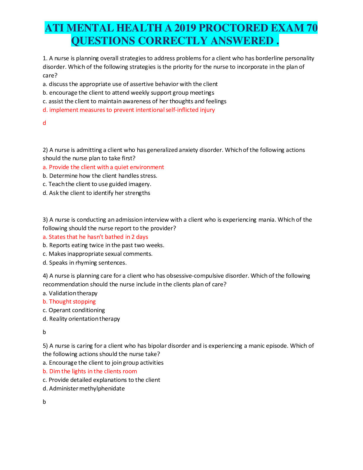 Preview image for ATI MENTAL HEALTH A 2019 PROCTORED EXAM 70 QUESTIONS CORRECTLY ANSWERED .